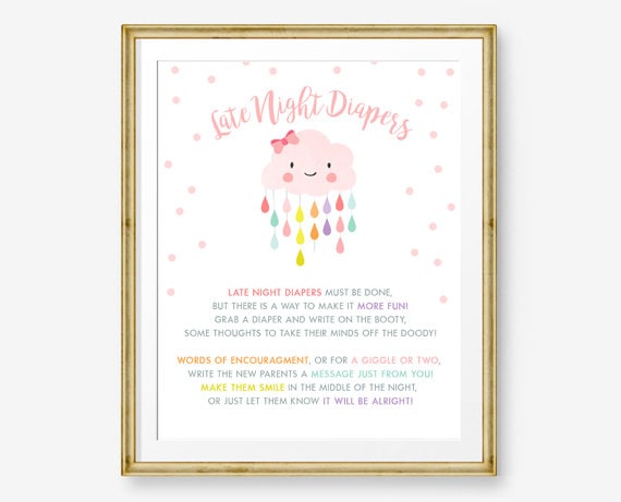 Late Night Diapers Baby Shower Sign Baby shower activity Rain Cloud shower game sign Raindrops Girl Baby shower Cloud Digital Printable 0036