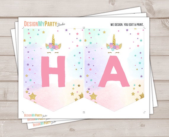 Happy Birthday Banner Unicorn Birthday Banner Magical Birthday Girl Pink and Gold Decoration Instant download PRINTABLE DIGITAL DIY 0041