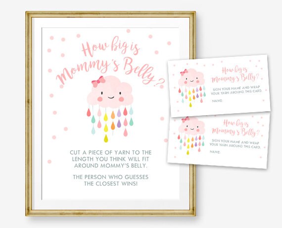 How Big is Mommy's Belly Baby Shower Game Girl Pink Cloud Baby Shower Sprinkle Raindrops Guess Printable Instant Download DIY Game 0036