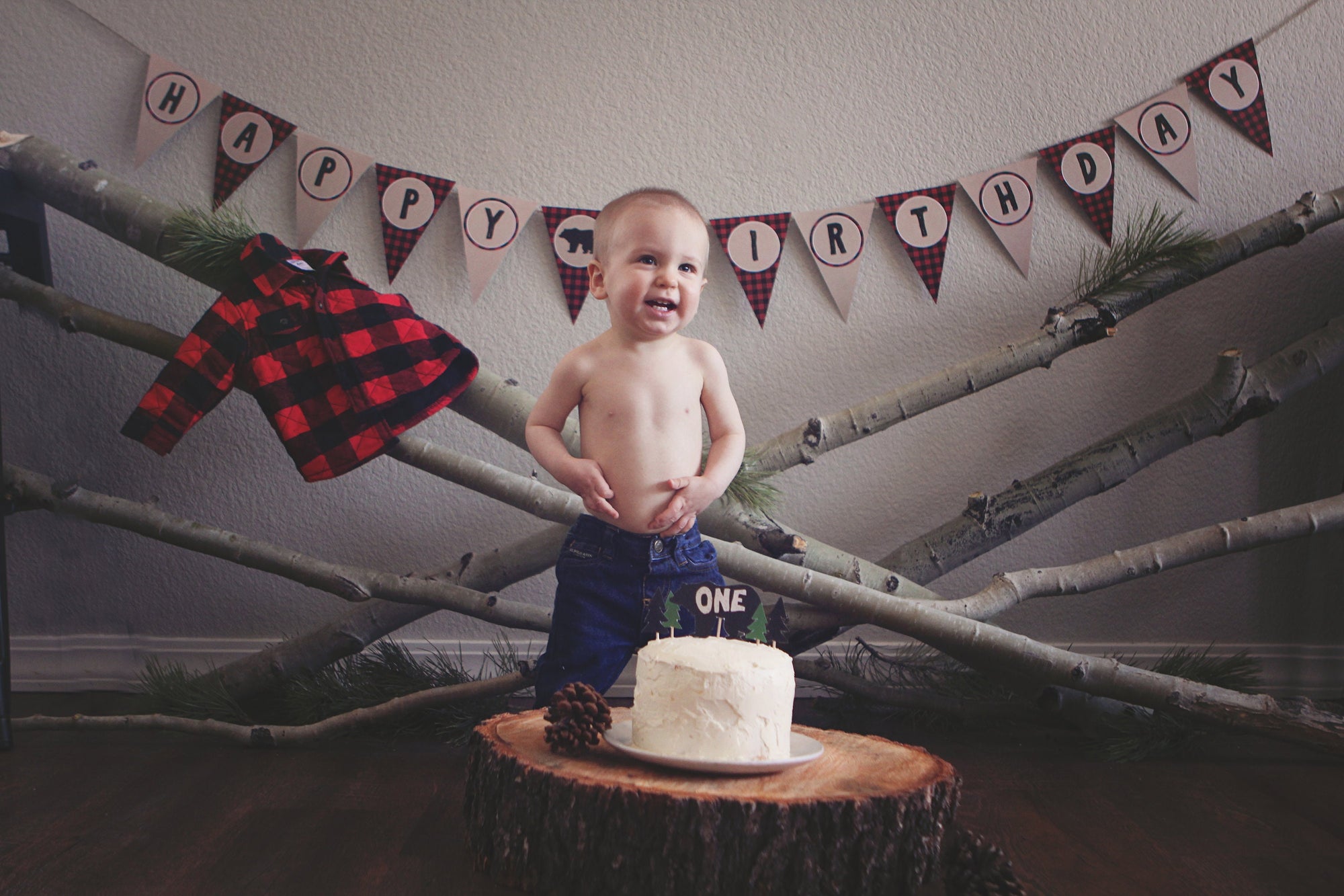 Happy Birthday Banner Lumberjack Birthday Banner Bear Buffalo Plaid Red Black Forest Animals Instant download PRINTABLE DIGITAL DIY 0026