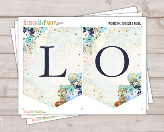 Love is a Journey Banner Traveling Bridal Shower Banner Adventure Themed Suitcases World Map Blue Instant Download PRINTABLE DIGITAL 0030