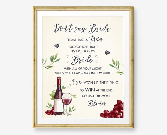 Don&#39;t Say Bride Wine Tasting Bridal Shower Game Wineyard Bottle Grapes Sign Take a Ring Game Shower Games Instant Download PRINTABLE 0234