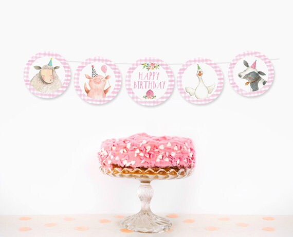 Farm Animals Birthday Banner Barnyard Birthday Garland Girl Birthday Decor Party Decorations Cow Pig Sheep Banner DIY PRINTABLE Digital 0155