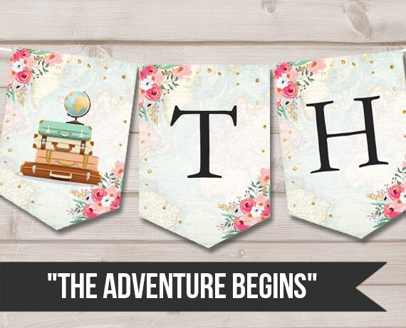 The Adventure Begins banner Adventure Baby Shower Traveling Banner Adventure Bridal Pink Gold Instant download PRINTABLE DIGITAL DIY 0030