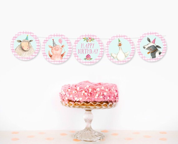 Farm Animals Birthday Banner Barnyard Birthday Garland Girl Birthday Decor Party Decorations Cor Pig Sheep Banner DIY PRINTABLE Digital 0155