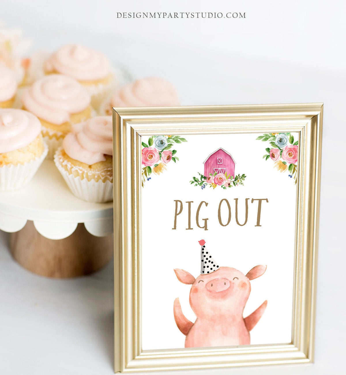 Pig Out Sign Farm Animals Birthday Decor Barnyard Decor Girl Birthday Pink Farm Buffet Sign Floral Barnyard Instant Download Printable 0155