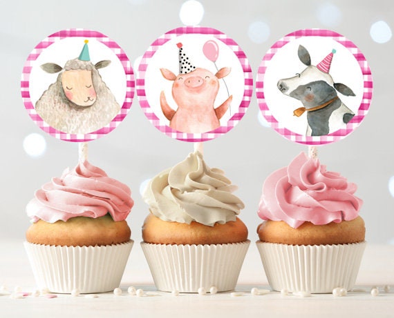 Pink Farm Birthday Cupcake Toppers Favor Tags Farm Birthday Party Decor Girl Farm Animals Barnyard Stickers download PRINTABLE 0155 0160