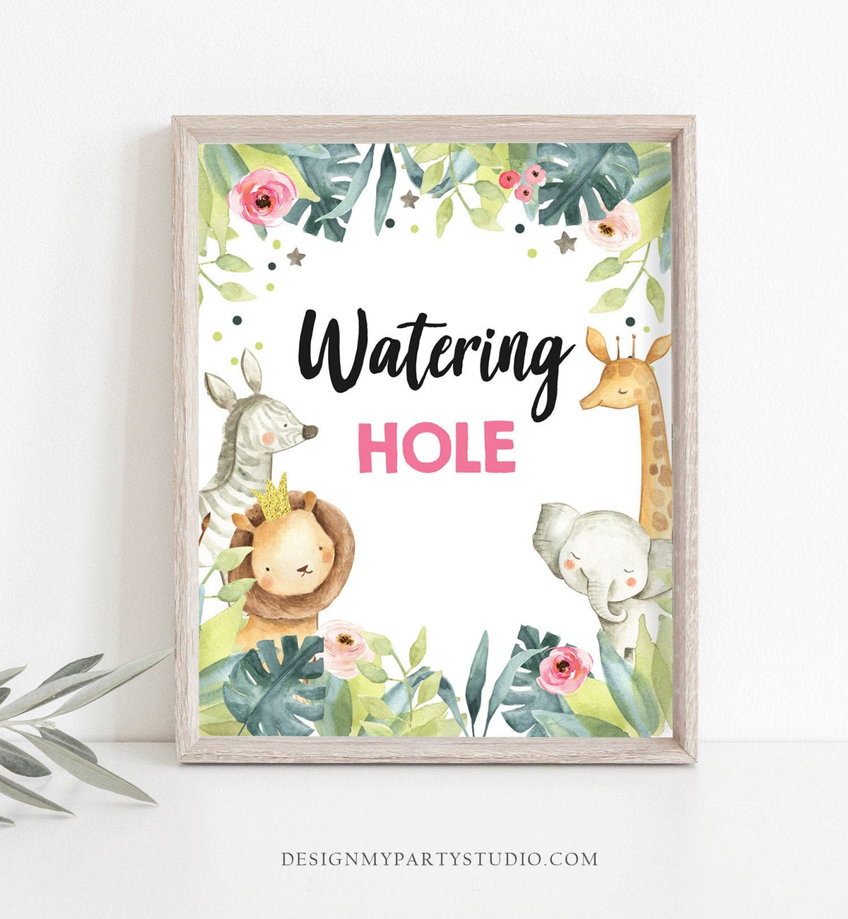 Watering Hole Birthday Sign Drink Table Decor Safari Birthday Wild One Animals Black Gold Pink Table Sign Zoo Party Jungle PRINTABLE 0163