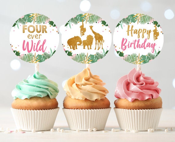 Fourever Wild Cupcake Toppers Favor Tags Party Animals Birthday Party Decor Girl Stickers Safari Animals Download Digital PRINTABLE 0016