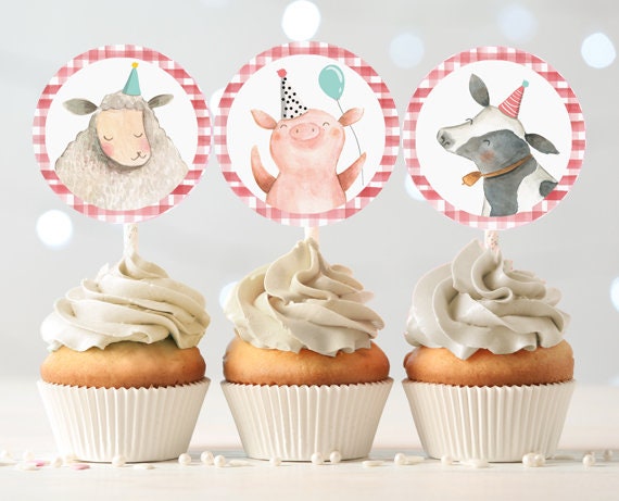 Barnyard Birthday Cupcake Toppers Favor Tags Farm Birthday Party Decoration Red Farm Animals Stickers download Digital PRINTABLE 0155