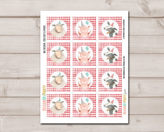 Barnyard Birthday Cupcake Toppers Favor Tags Farm Birthday Party Decoration Red Farm Animals Stickers download Digital PRINTABLE 0155