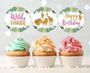 Wild and Three Cupcake Toppers Favor Tags Birthday Party Decoration Girl Stickers Safari Animals Pink Gold download Digital PRINTABLE 0016