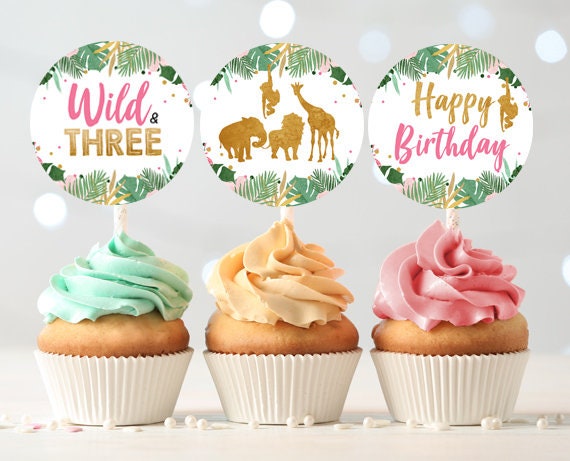 Wild and Three Cupcake Toppers Favor Tag Party Animals Birthday Party Decoration Girl Sticker Safari Animals Digital Download PRINTABLE 0016