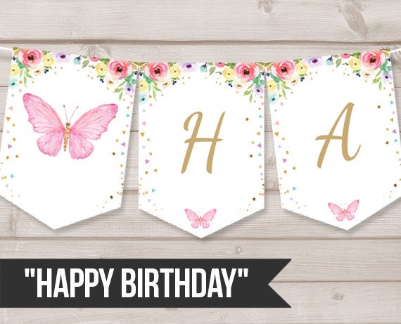 Happy Birthday Banner Butterfly Birthday Banner Floral Flowers Pink and Gold Girl Birthday Butterfly Banner download PRINTABLE DIGITAL 0162