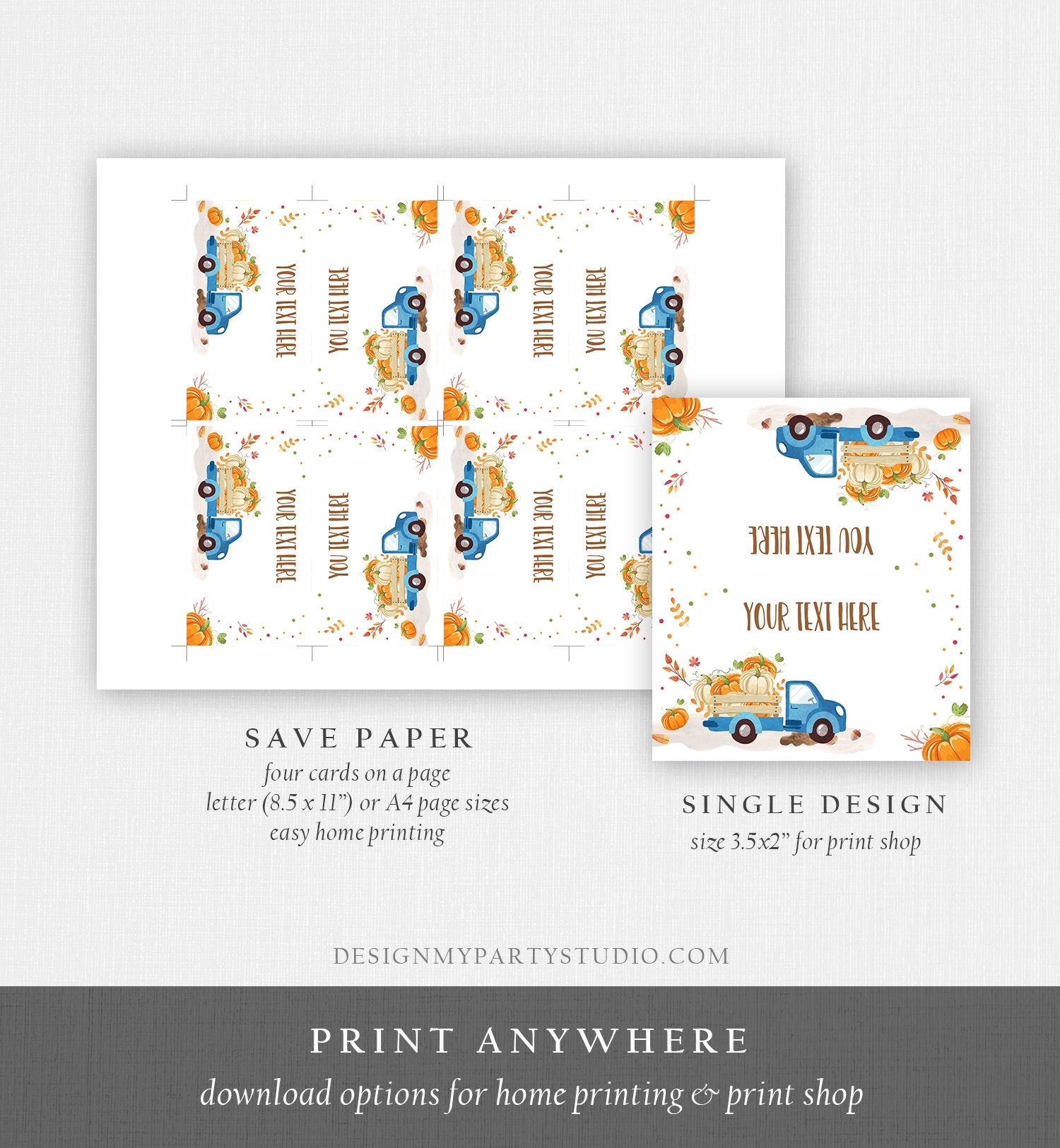 Editable Pumpkin Food Labels Pumpkin Truck Birthday Place Card Fall Harvest Autumn Tent Card Shower Blue Boy Corjl Printable Template 0153