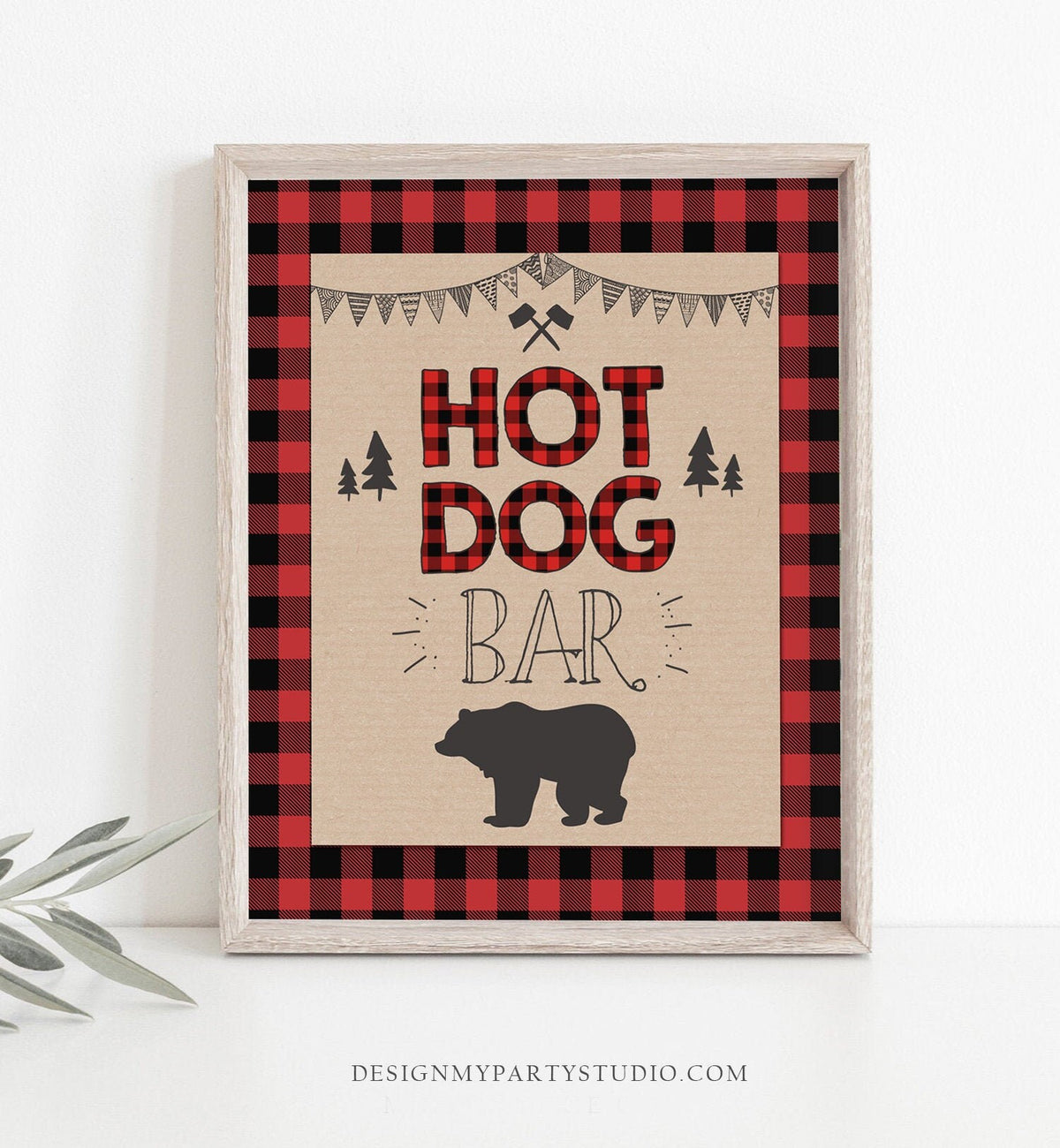 Hot Dog Bar Sign Lumberjack birthday sign Table sign Lumberjack party signs Decor Buffalo Plaid Hot Dog sign Bear Winter PRINTABLE 0026