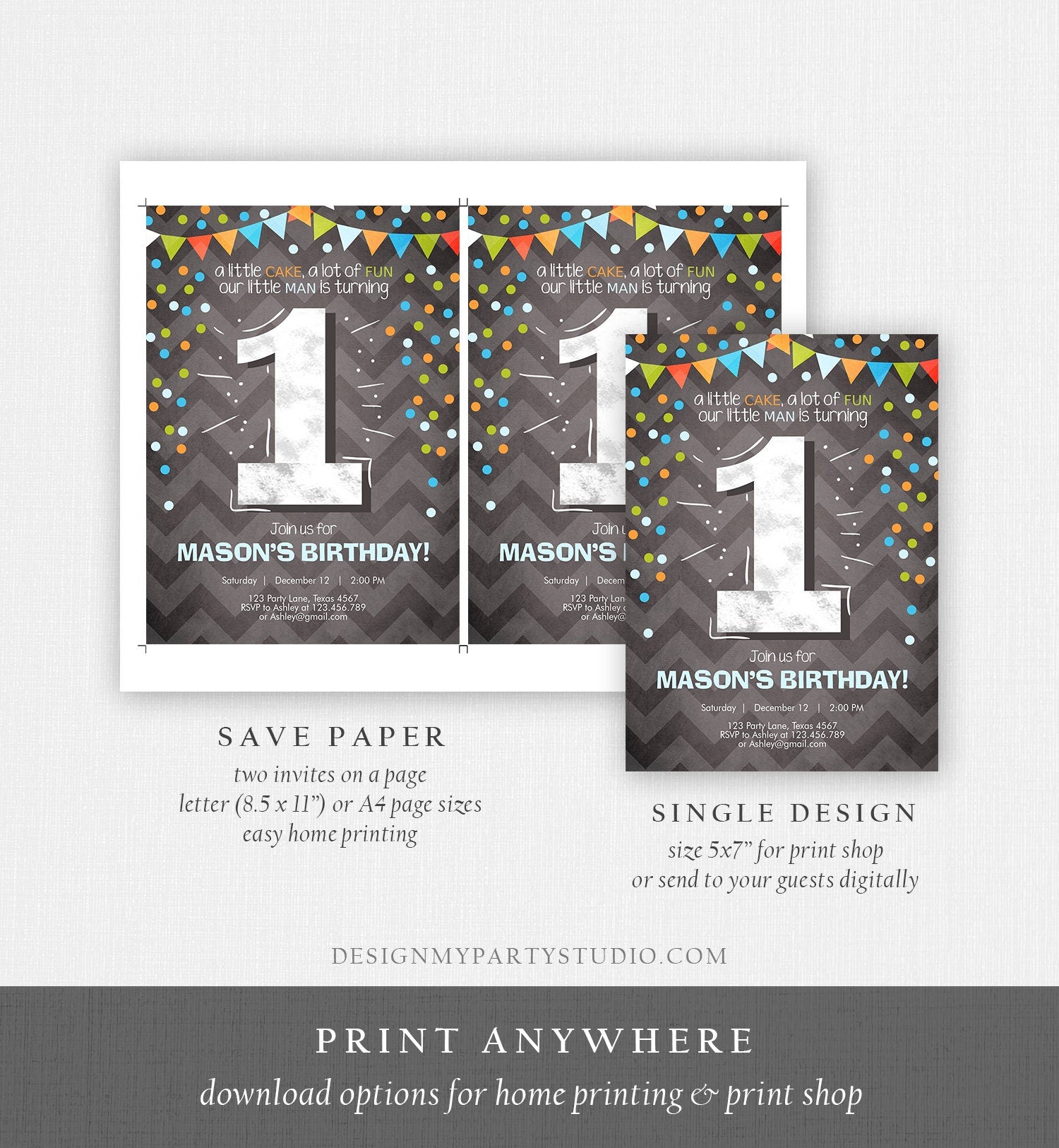 Editable First Birthday Invitation Boy One Green Blue Chalk Confetti Boy 1st Birthday Download Printable Invitation Template Corjl 0071