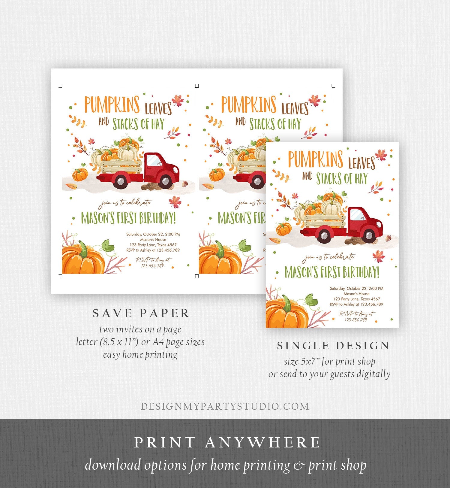 Editable Pumpkin Birthday Invitation Boy Fall Pumpkin Truck Birthday Party Red Orange Green Download Printable Invite Template Corjl 0153