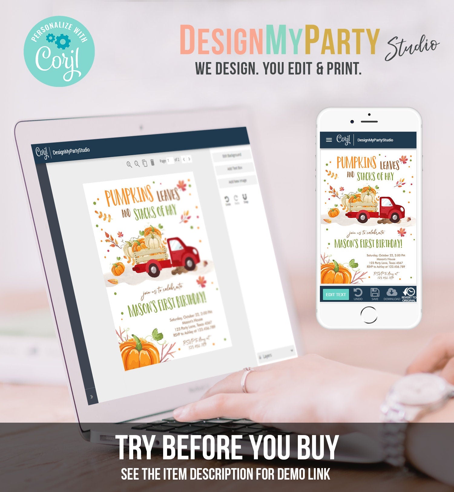 Editable Pumpkin Birthday Invitation Boy Fall Pumpkin Truck Birthday Party Red Orange Green Download Printable Invite Template Corjl 0153