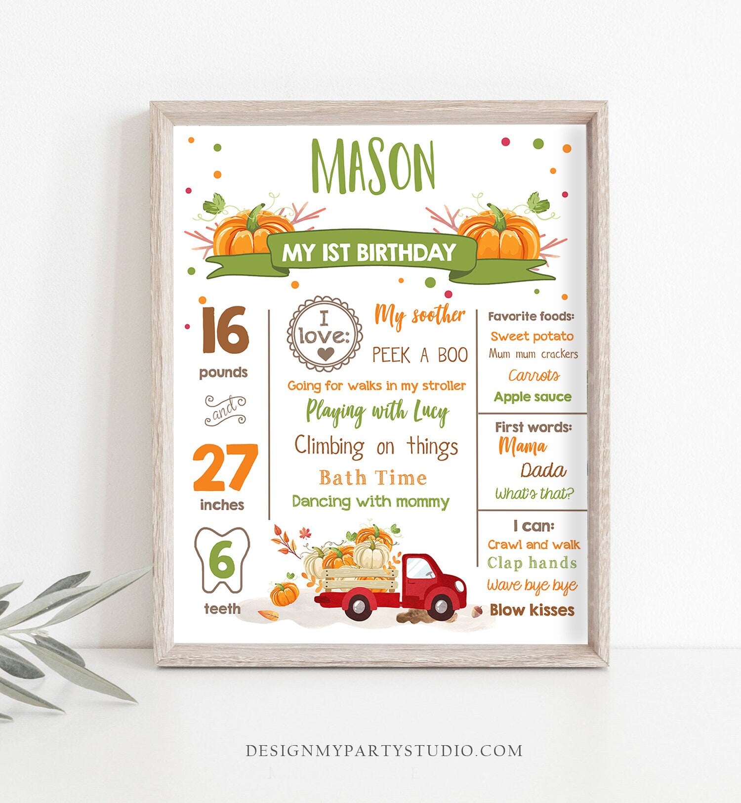 Editable Pumpkin Birthday Milestones Sign Pumpkin Truck Birthday First Birthday Boy Fall Red Green Autumn Download Template Printable 0153