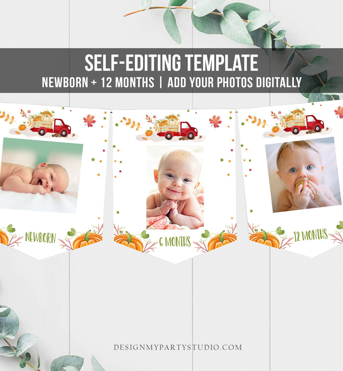 Editable Pumpkin First Birthday Banner Monthly Photo Banner Red Pumpkin Truck Banner Pumpkin Birthday Boy Fall Autumn PRINTABLE Corjl 0153