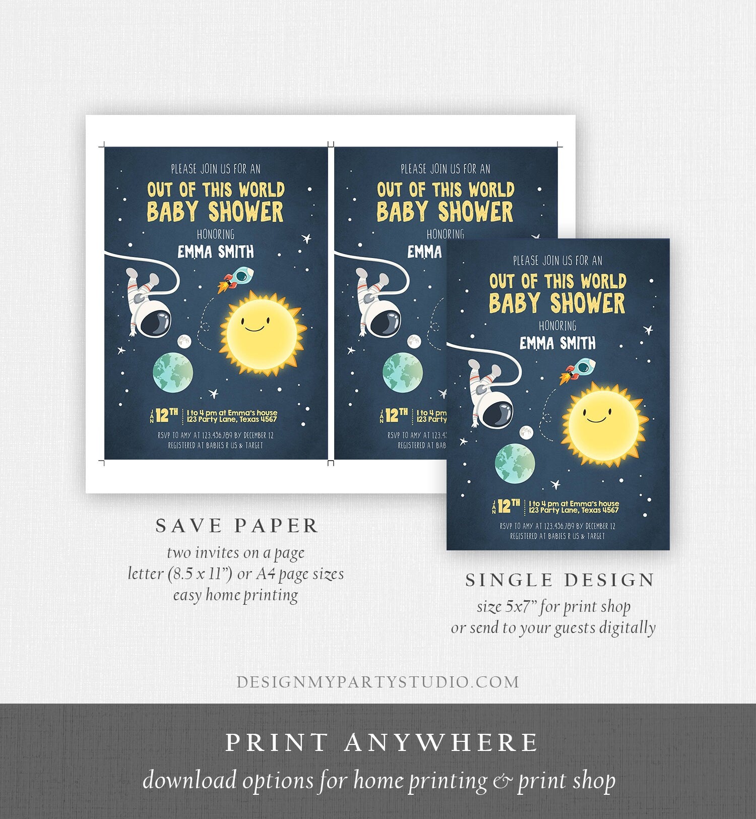 Editable Space Baby Shower Invitation Astronaut Rocket It's a Boy Out of This World Invitation Template Instant Download Corjl 0046