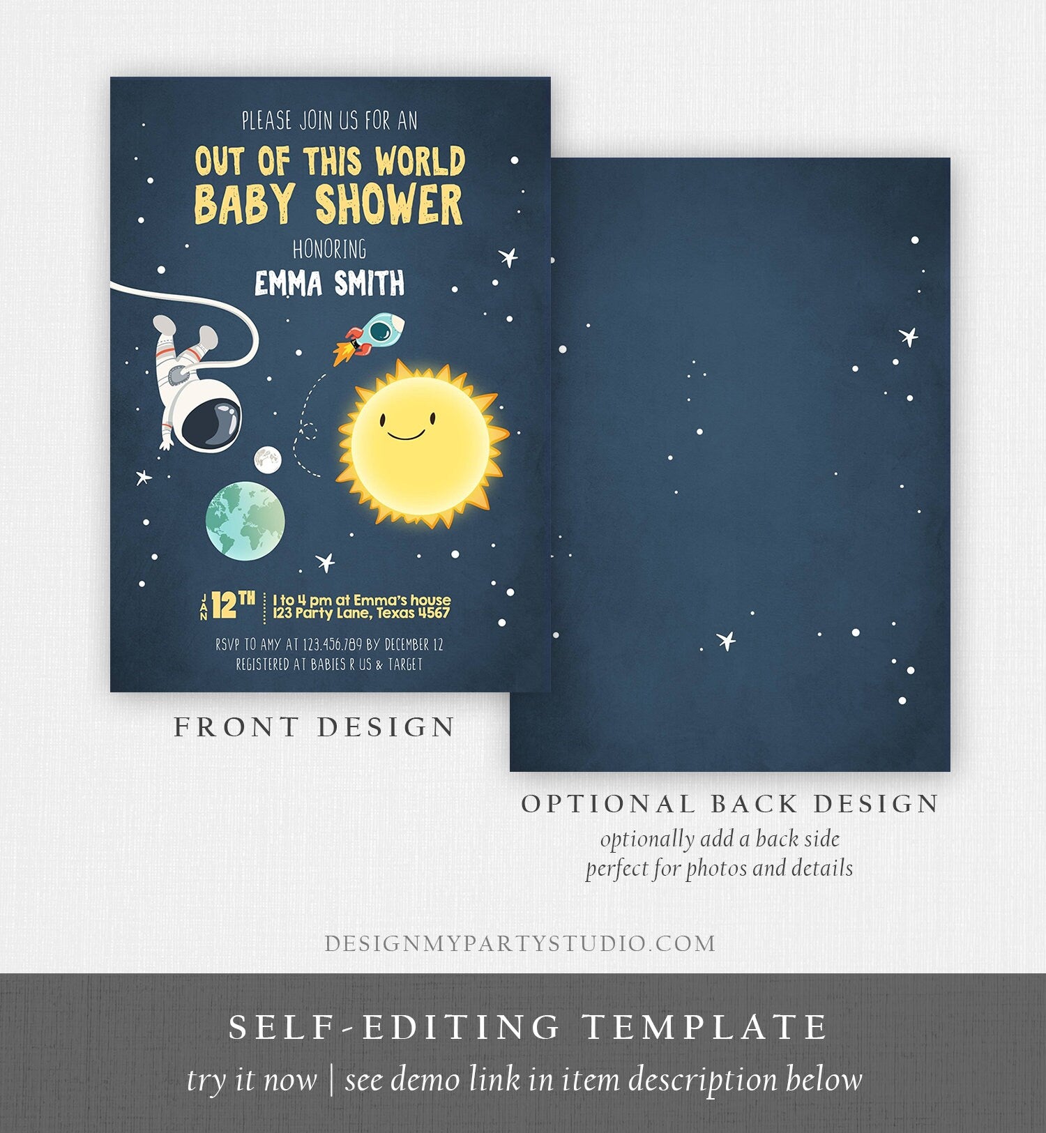 Editable Space Baby Shower Invitation Astronaut Rocket It's a Boy Out of This World Invitation Template Instant Download Corjl 0046