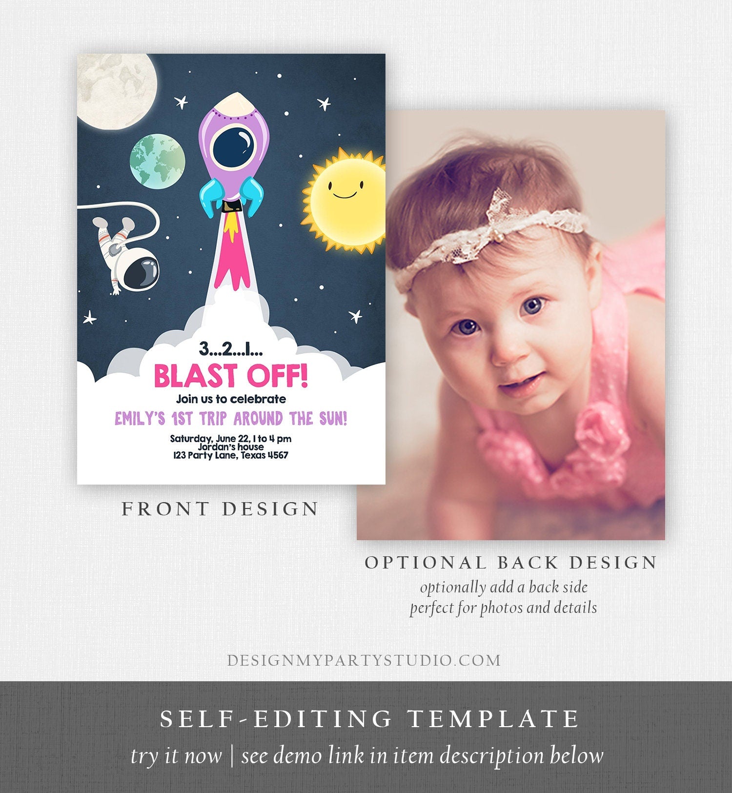 Editable Outer Space Birthday Invitation Girl Rocket Astronaut Space Ship Blast Off Download Printable Template Digital Corjl 0046