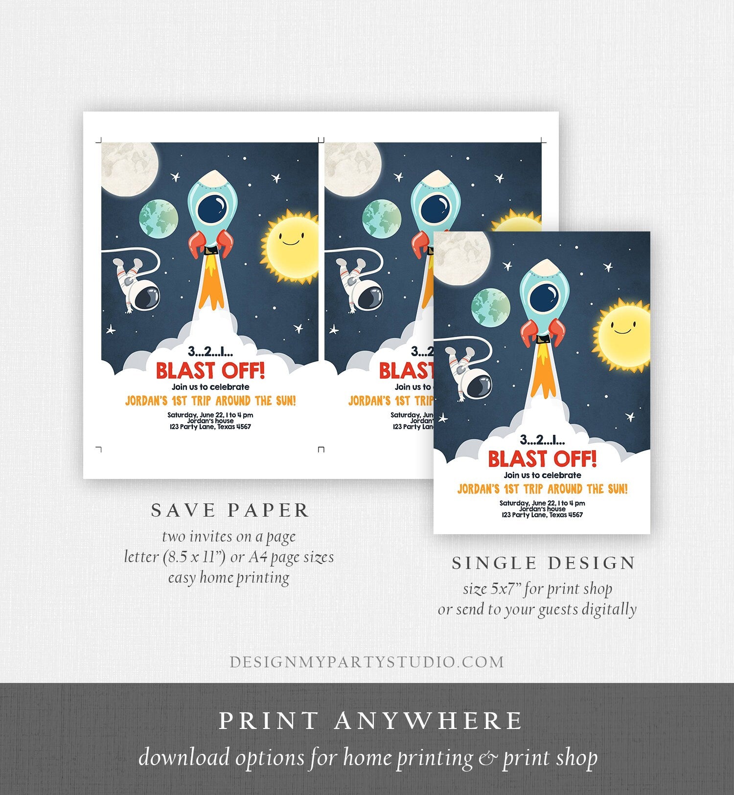 Editable Outer Space Birthday Invitation Rocket Astronaut Birthday Space Ship Blast Off Digital Download Evite Template Printable 0046