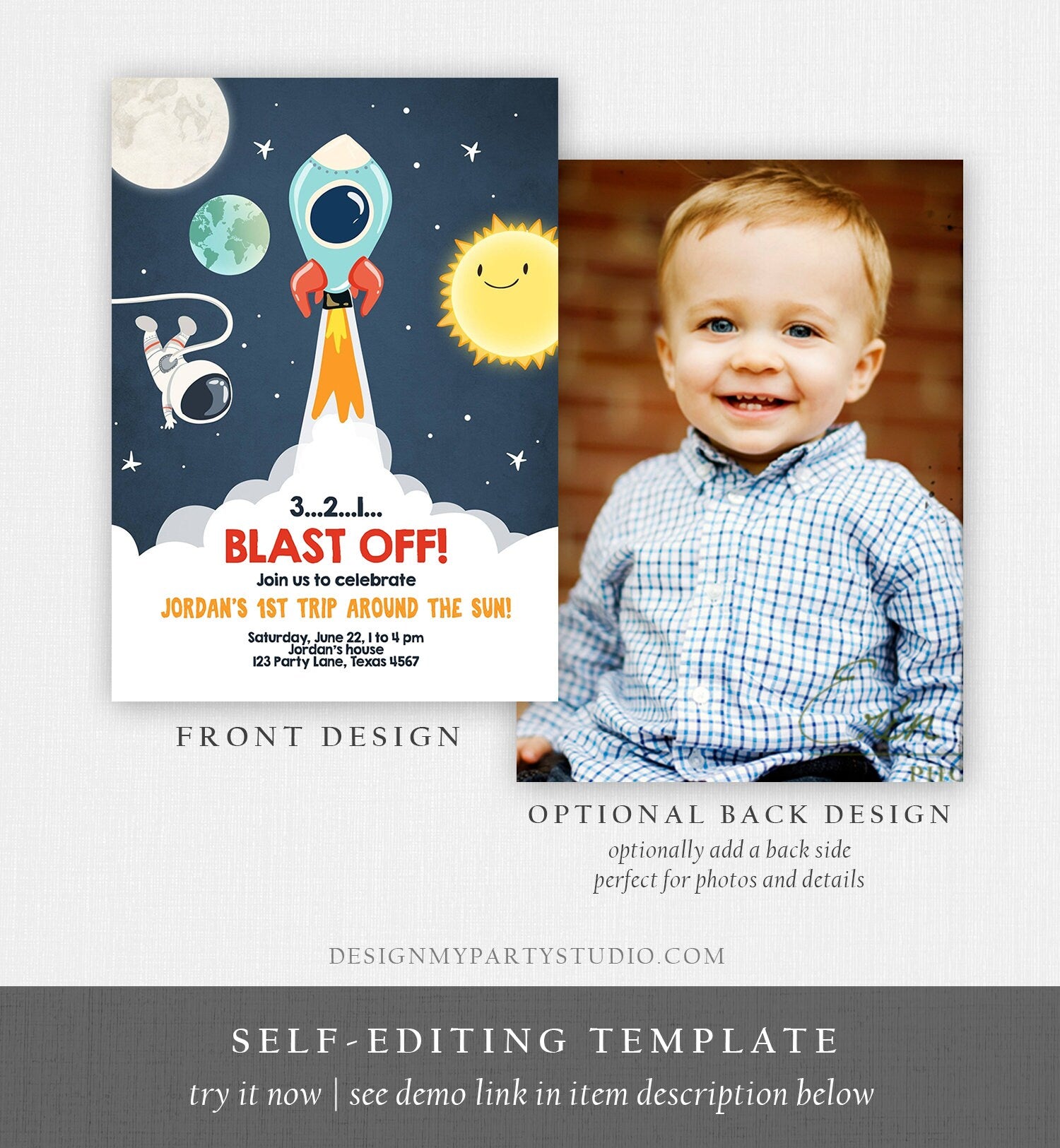 Editable Outer Space Birthday Invitation Rocket Astronaut Birthday Space Ship Blast Off Digital Download Evite Template Printable 0046