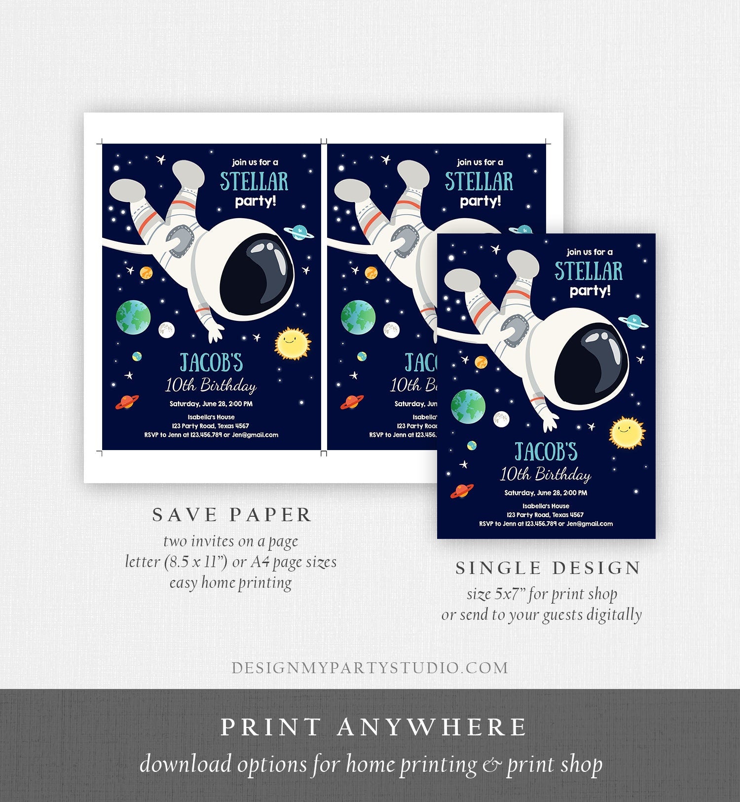 Editable Boy Space Birthday Party Invitation Outer Space Galaxy Planets and Stars Astronaut Download Printable Template Digital Corjl 0259