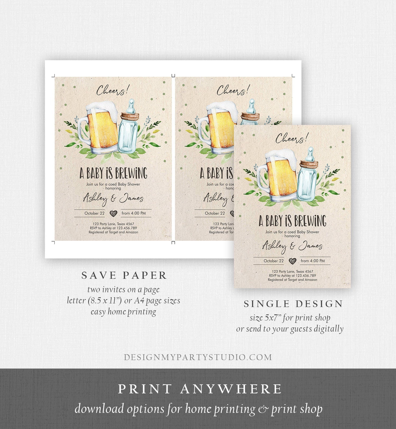 Editable A Baby is Brewing Invitation Bottle and Beers Baby Shower Cheers Coed Couples Shower Download Corjl Template Printable 0190