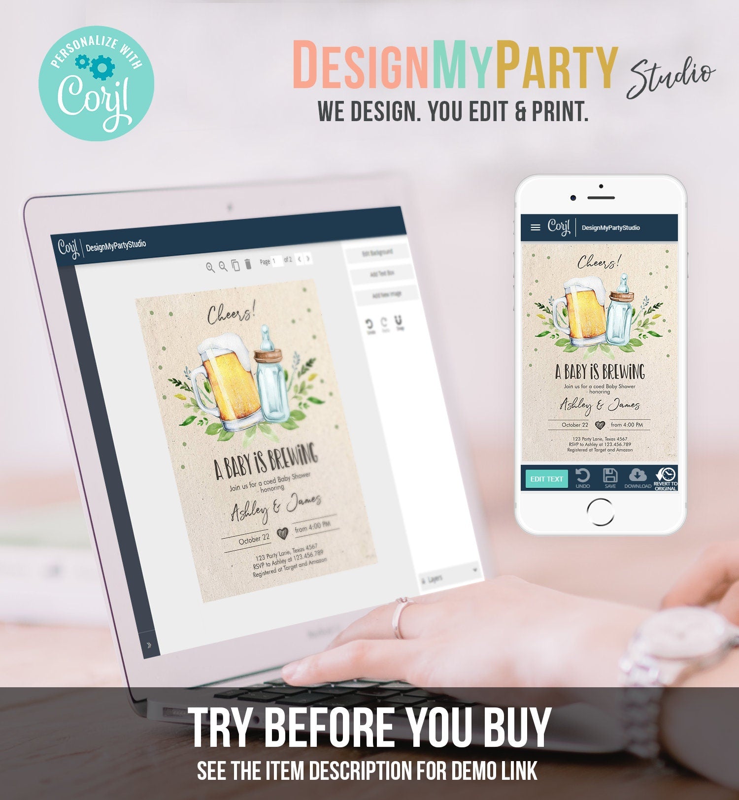 Editable A Baby is Brewing Invitation Bottle and Beers Baby Shower Cheers Coed Couples Shower Download Corjl Template Printable 0190