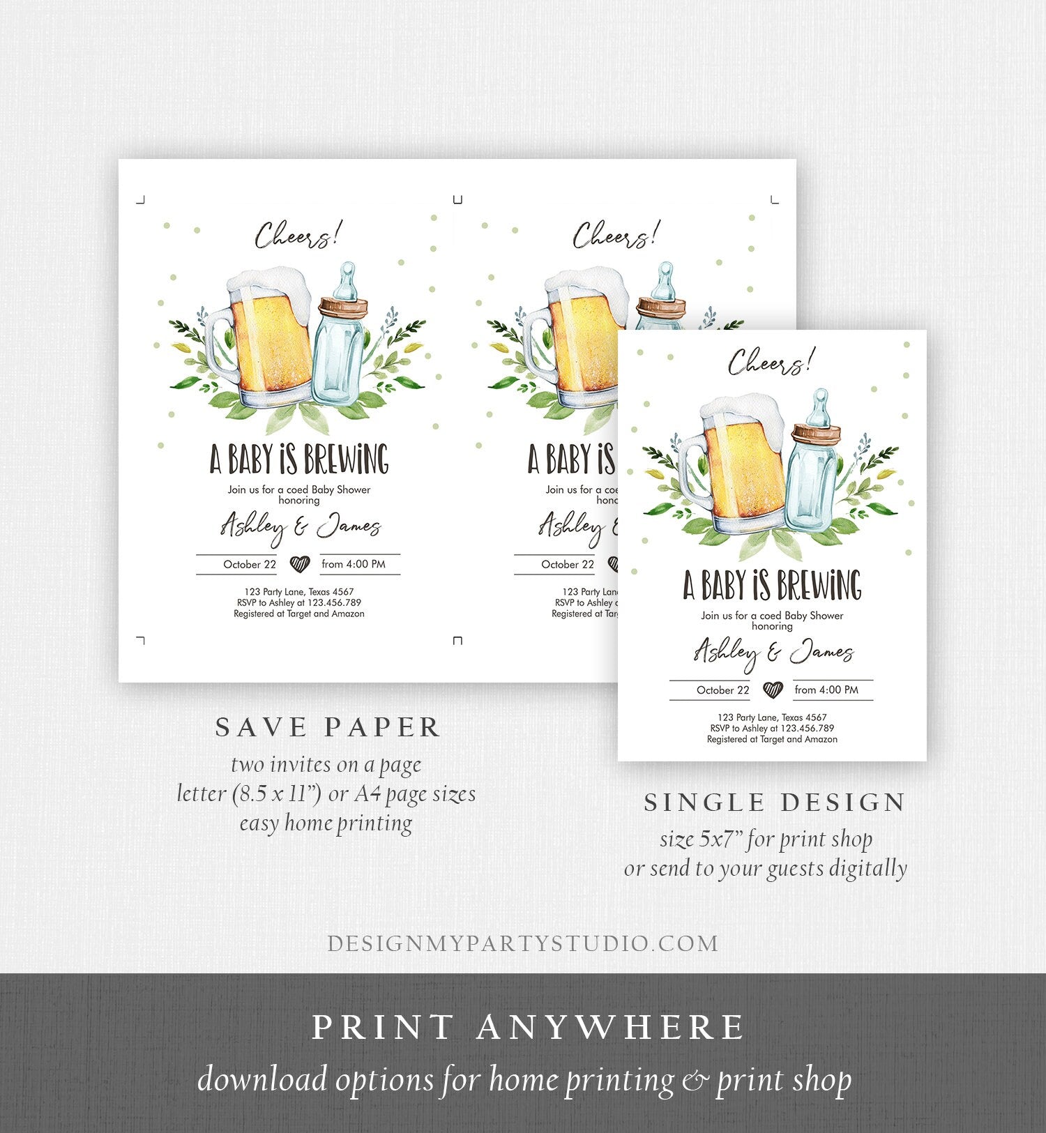 Editable A Baby is Brewing Invitation Bottle and Beers Baby Shower Cheers Coed Couples Shower Download Printable Template Corjl 0190