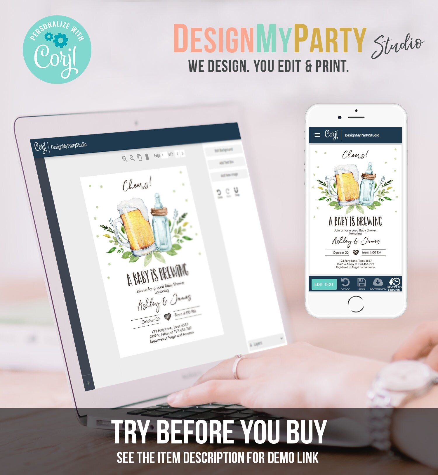 Editable A Baby is Brewing Invitation Bottle and Beers Baby Shower Cheers Coed Couples Shower Download Printable Template Corjl 0190