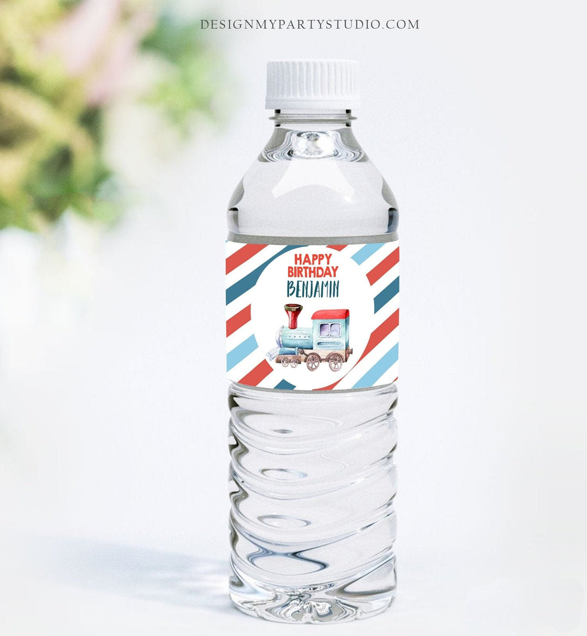 Editable Train Water Bottle Labels Boy Birthday Train Decor Red Blue Bottle Wraps Railroad Transportation Printable Corjl Template 0149