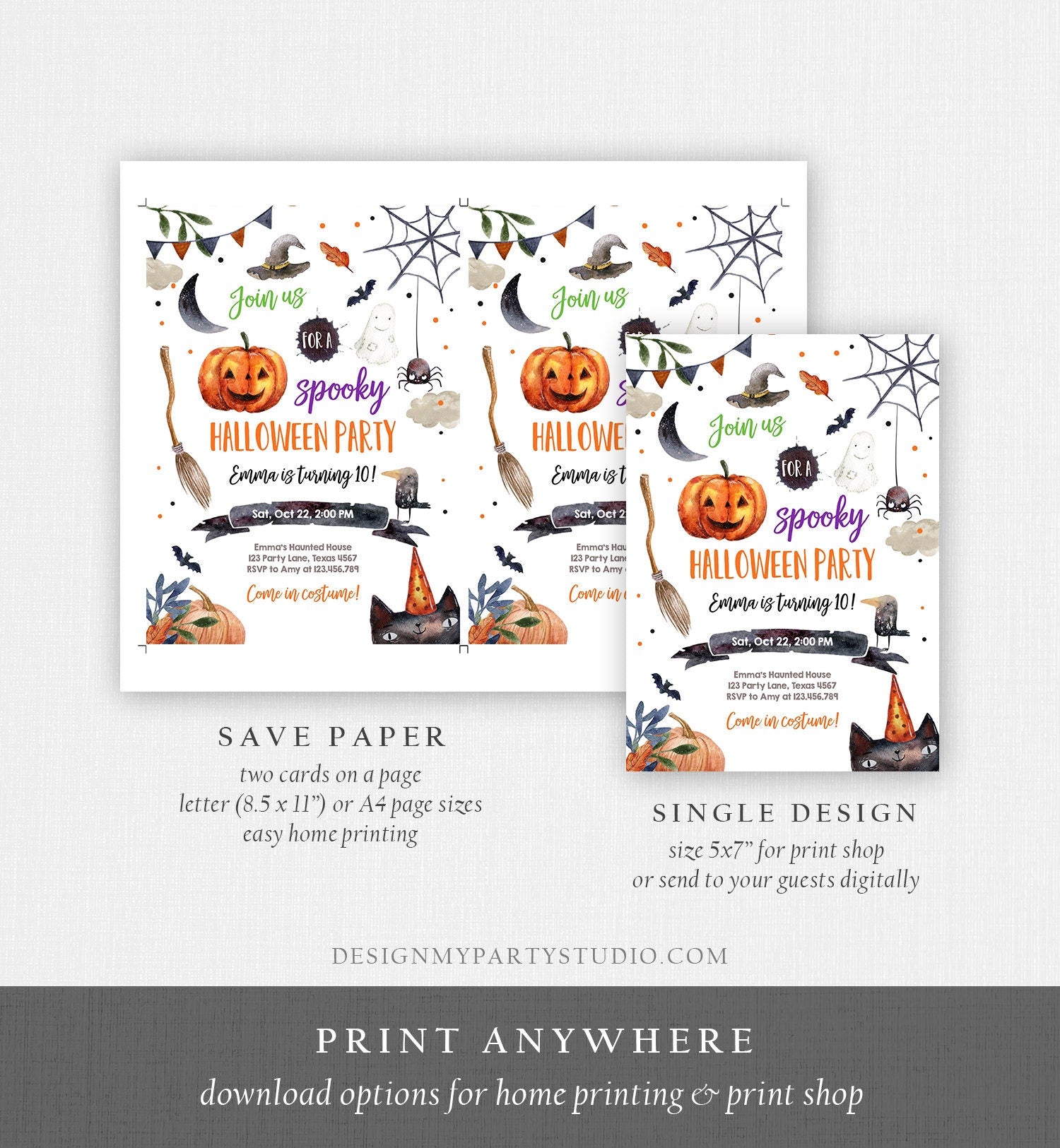 Editable Halloween Party Invitation Halloween Birthday Invitation Kids Halloween Girl Boy Bash Digital Download Template Printable 0009