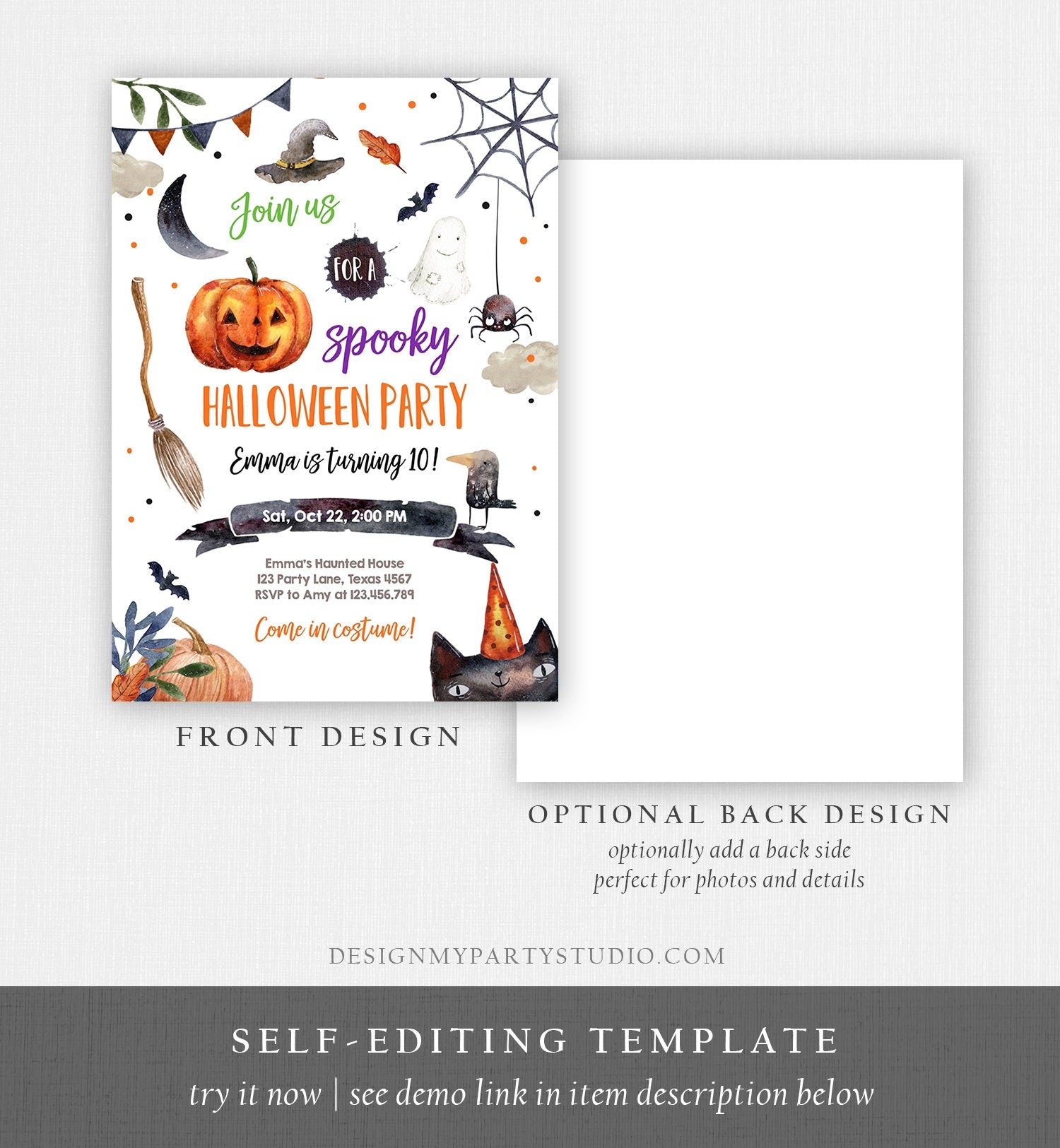 Editable Halloween Party Invitation Halloween Birthday Invitation Kids Halloween Girl Boy Bash Digital Download Template Printable 0009