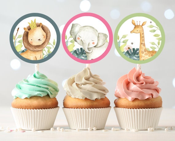 Safari Animals Cupcake Toppers Favor Tags Birthday Party Decoration Girl Animal Wild One Stickers Zoo Jungle Download Digital PRINTABLE 0163