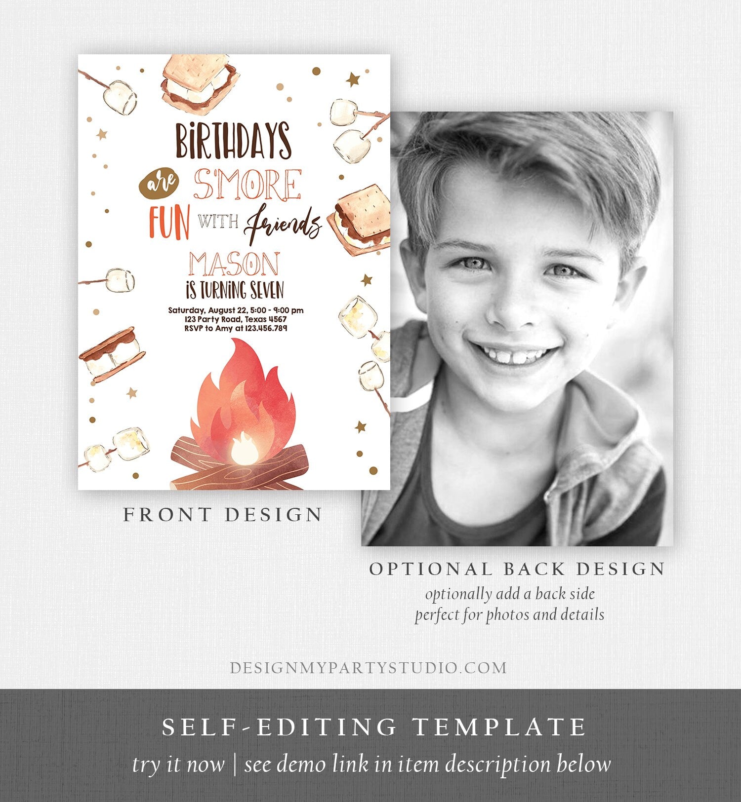 Editable S'more Birthday Invitation Bonfire Invitation Camping Smore Fun with Friends Digital Download Evite Template Printable 0179