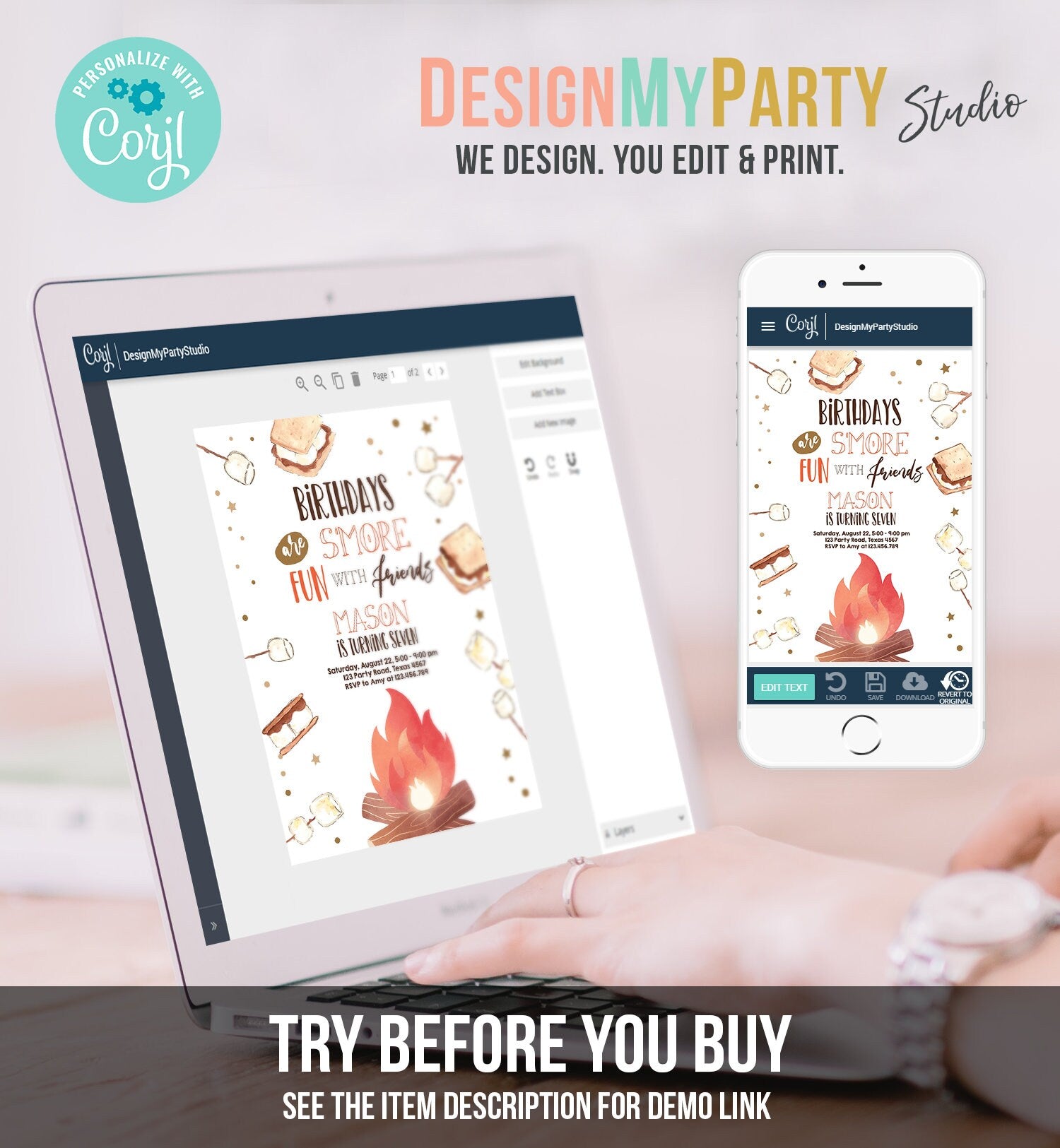 Editable S'more Birthday Invitation Bonfire Invitation Camping Smore Fun with Friends Digital Download Evite Template Printable 0179