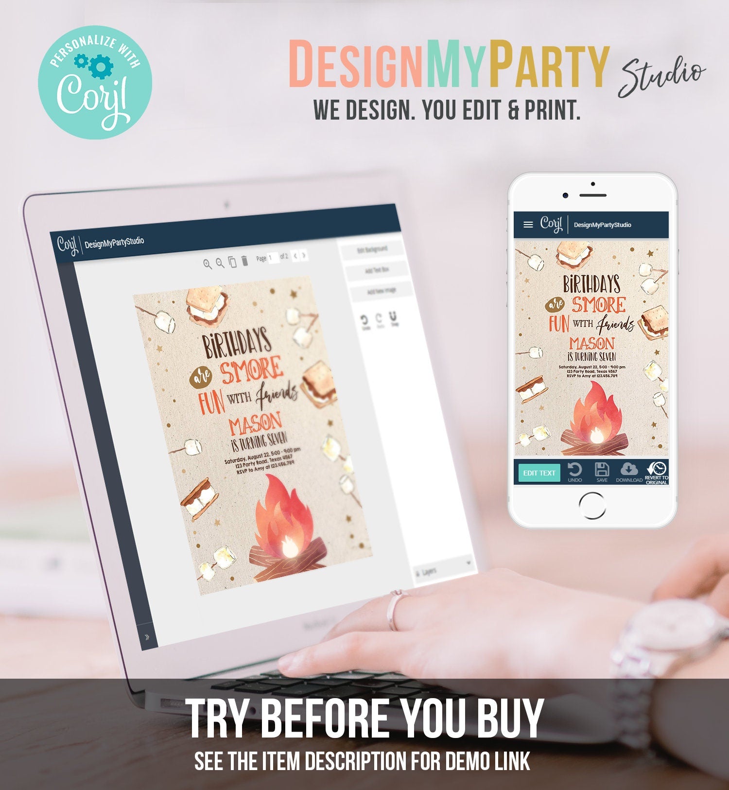 Editable S'more Birthday Invitation Bonfire Invitation Camping Smore Fun with Friends Download Printable Invitation Template Digital 0179