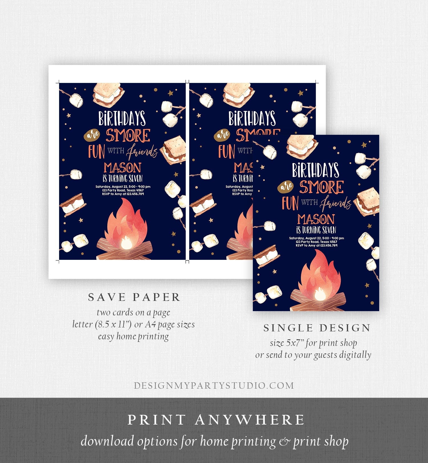 Editable S'more Birthday Invitation Bonfire Invitation Camping Smore Fun with Friends Download Printable Invitation Template Digital 0179