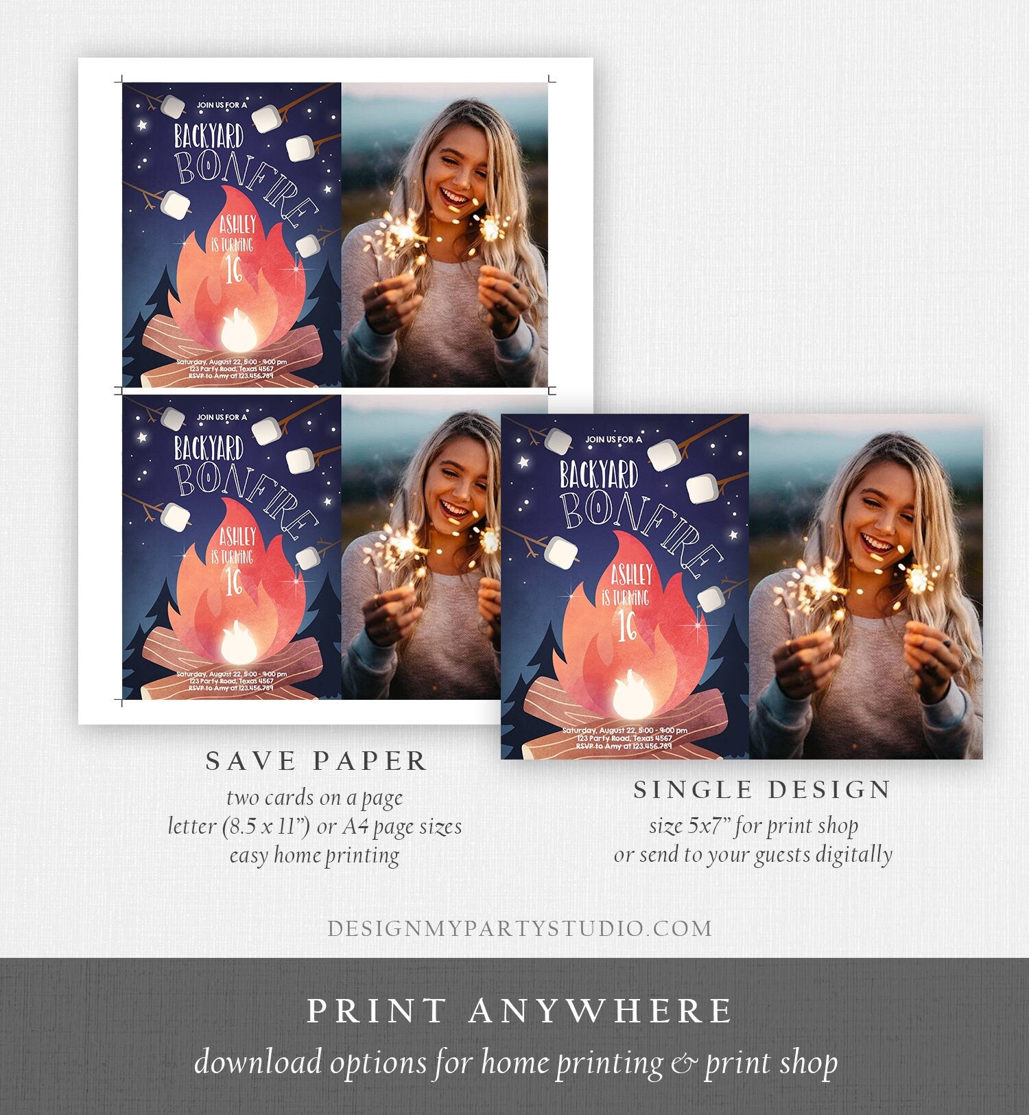 Editable Backyard Bonfire Invitation Bonfire Birthday Invitation Adult Kids Camping Download Printable Invitation Template Digital 0179