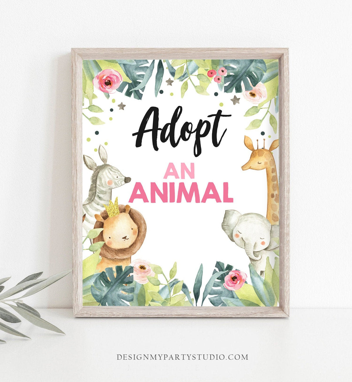 Adopt an Animal Birthday Sign Girl Table Decor Safari Birthday Wild One Animals Pink and Gold Table Sign Zoo Party Download Printable 0163