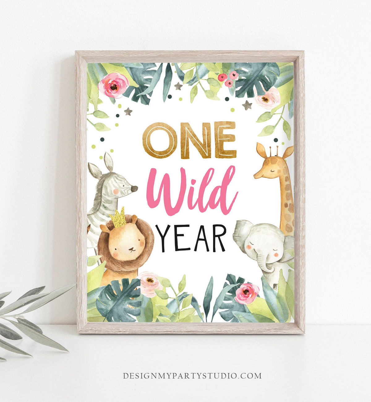 One Wild Year Birthday Sign Table Decor Safari Birthday Wild One Animals Black and Gold Girl Pink Table Sign Party Jungle PRINTABLE 0163