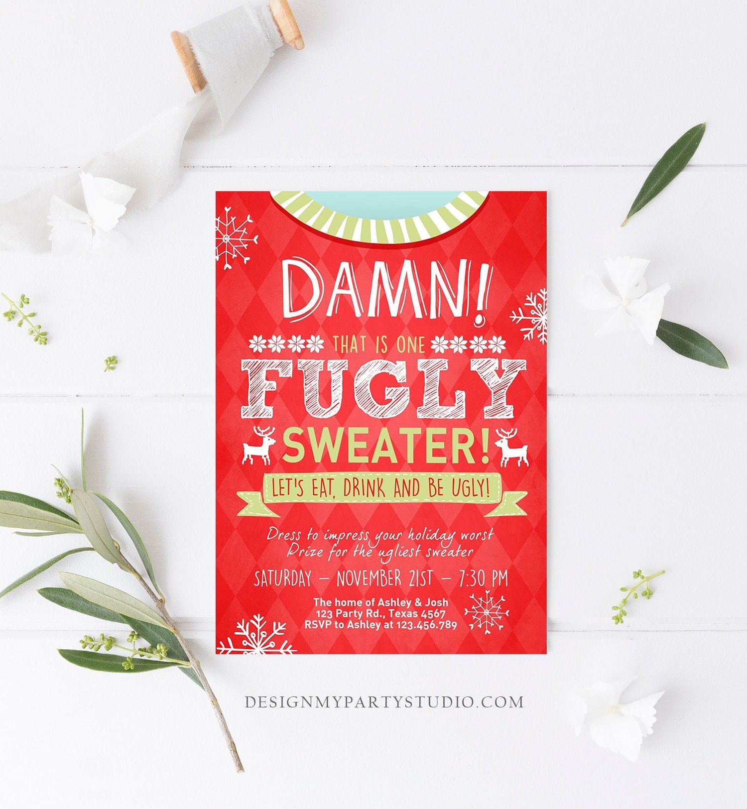 Editable Christmas Ugly Sweater Party Invite Christmas Sweater Invitation Ugliest Red Download Printable Invitation Template Corjl 0053