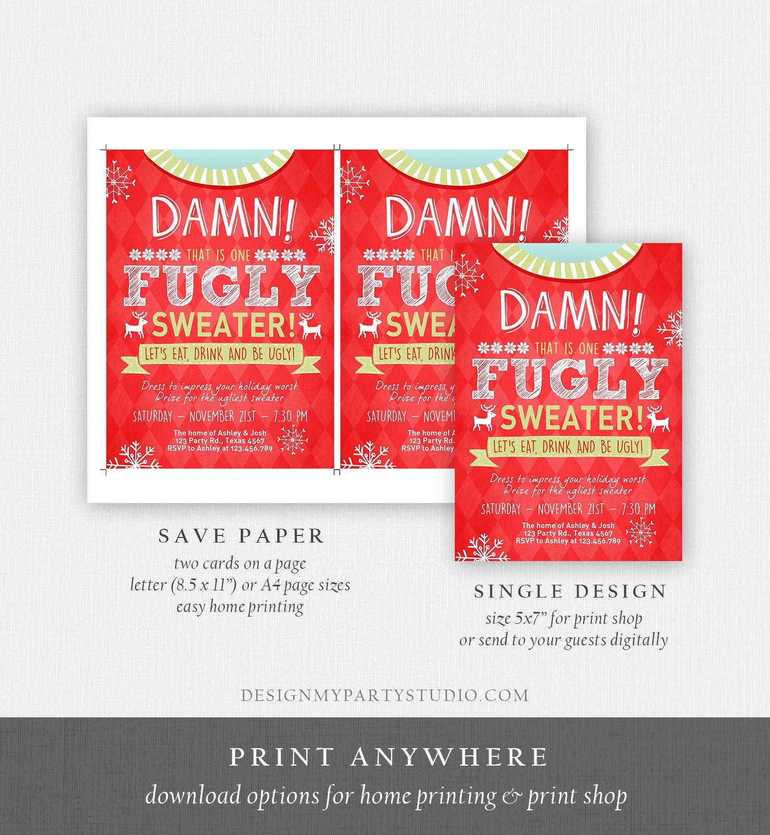 Editable Christmas Ugly Sweater Party Invite Christmas Sweater Invitation Ugliest Red Download Printable Invitation Template Corjl 0053