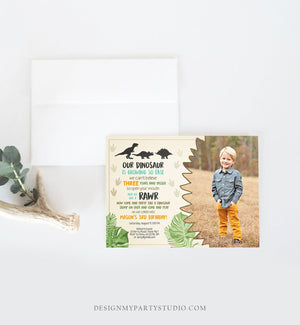 Editable Dinosaur Birthday Invitation Dino Dig Party Prehistoric Boy Photo T-Rex RAWR Digital Download Printable Template Corjl 0043