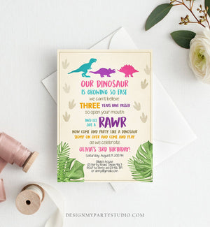 Editable Dinosaur Birthday Invitation Dino Dig Party Prehistoric Girl Pink T-Rex Purple Teal Digital Download Printable Template Corjl 0043